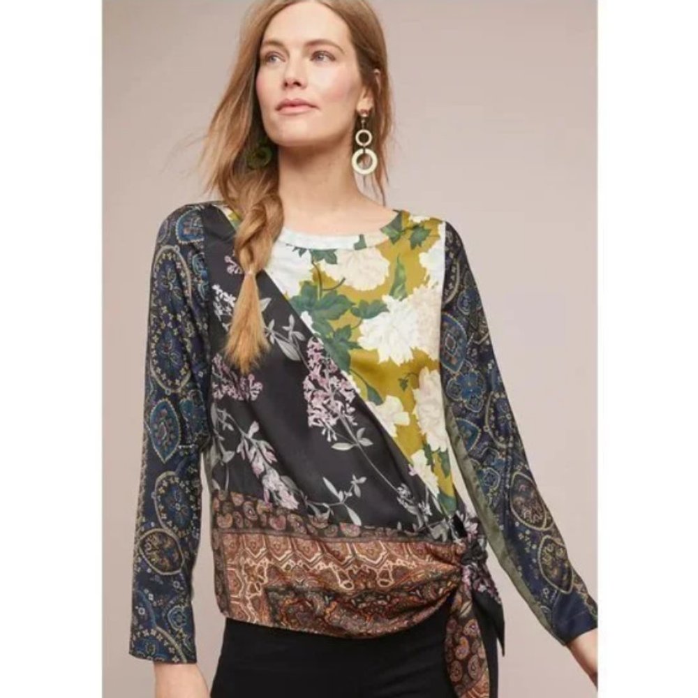 Anthropologie TINY Green Floral "Patchwork Blooms" Tie Waist Blouse